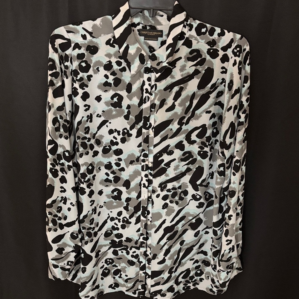 Christian Siriano Light Blue, Black and White Animal Print Blouse